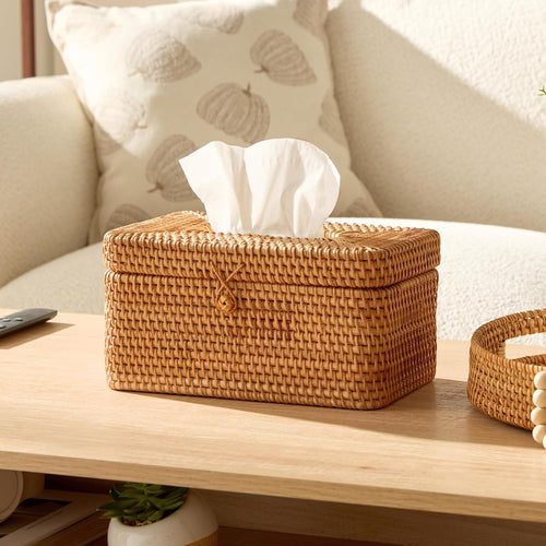 Hand-Woven Rattan Rectangular Tissue Cover