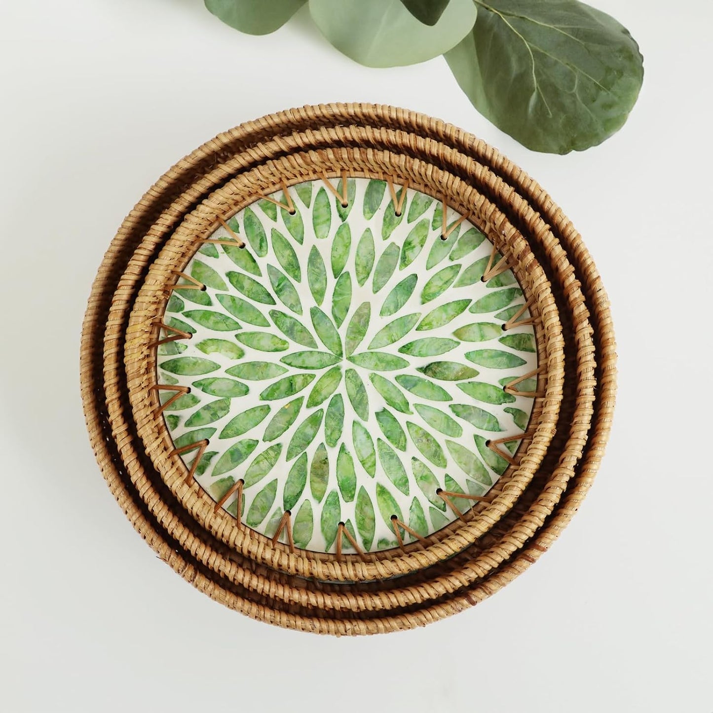 Mother of Pearl Rattan Tray Set